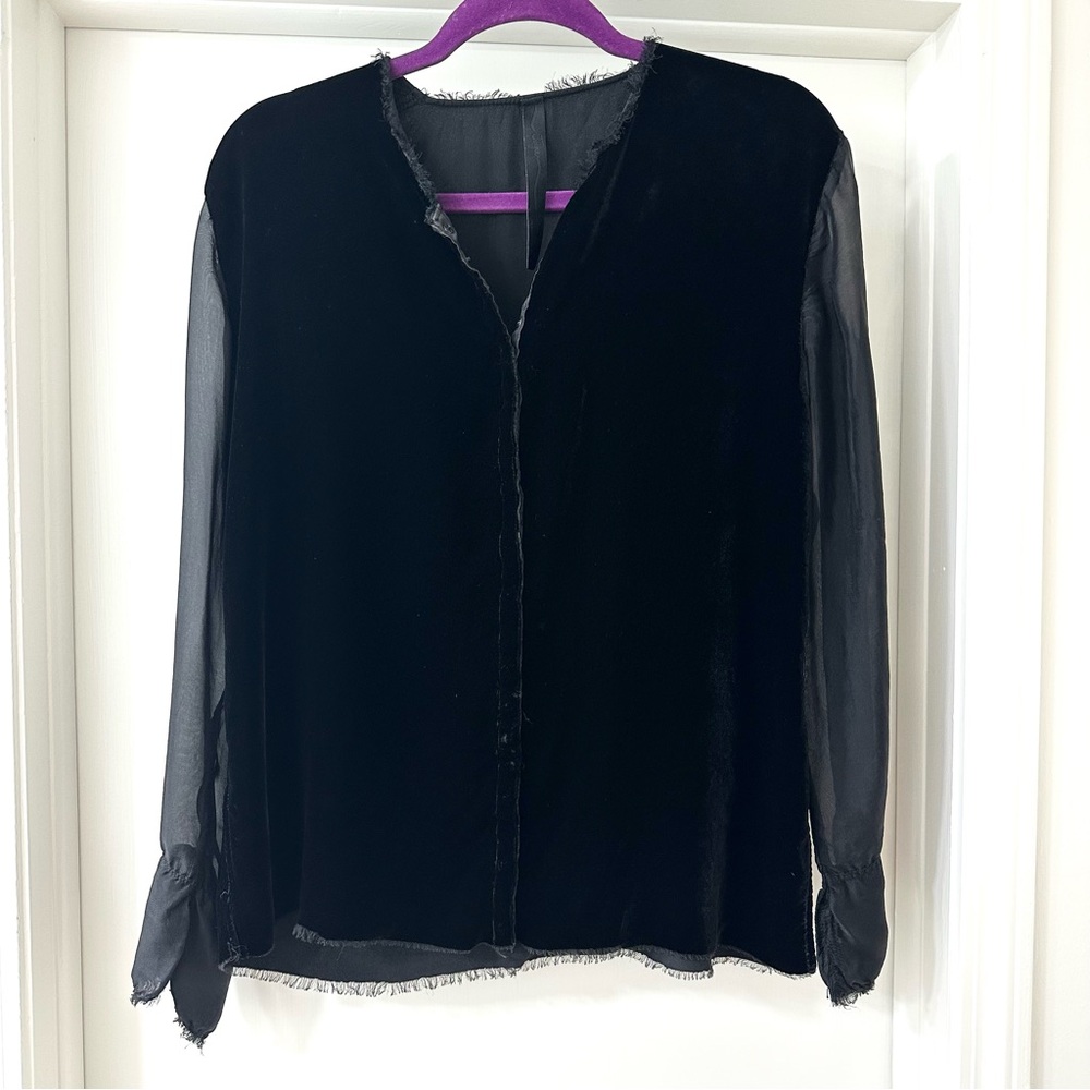 Jaga DTLA Black Velvet Blouse with Sheer Sleeves, Silk & Rayon, Size S
